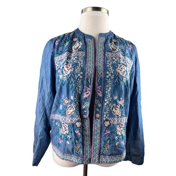 NWT J. Jill Embroidered Indigo Open Front Jacket Floral Blue Women's Size Large - Picture 13 of 14